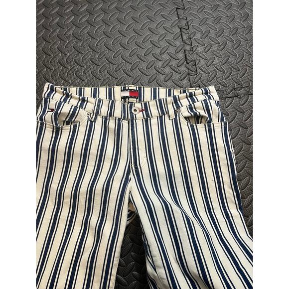 Tommy Hilfiger Y2K Striped Flare Jeans Bell Bottoms Blue White Hippie Fits 28 - Picture 2 of 10